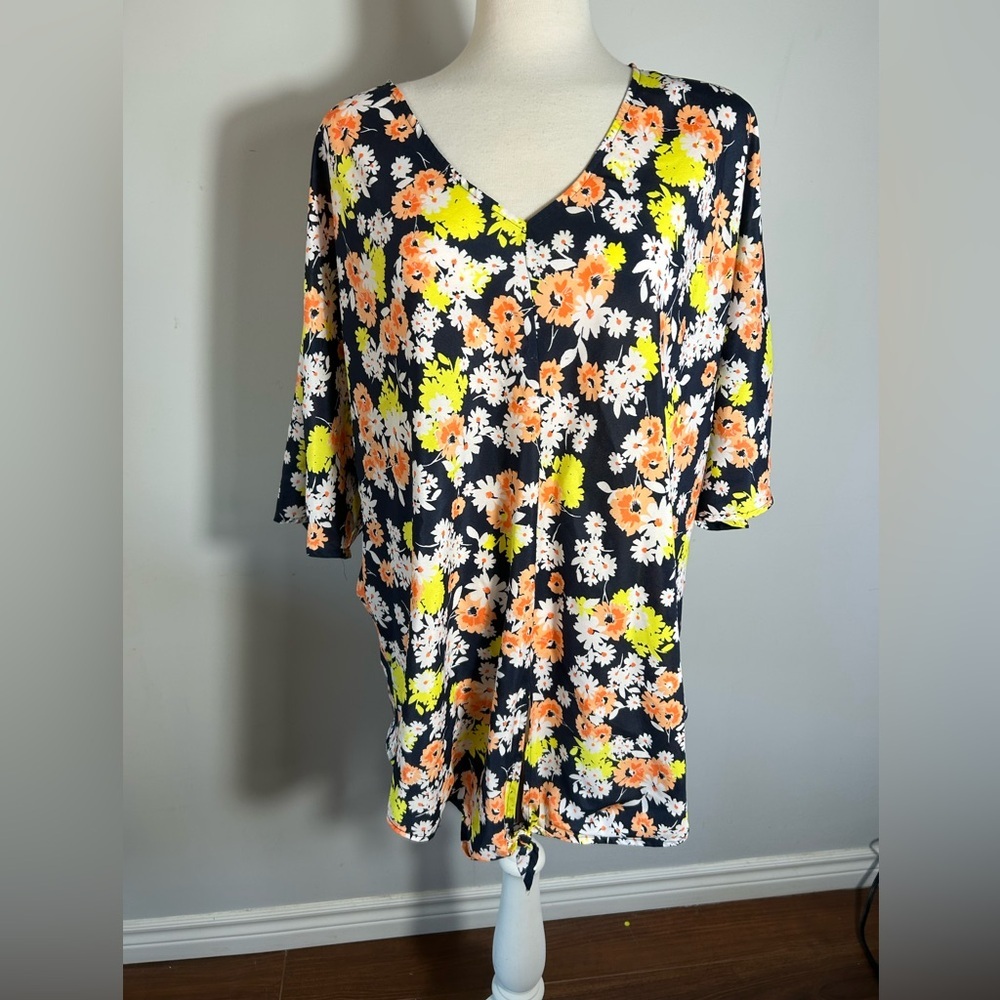 Vibrant Floral V-Neck Tunic Top - Navy Orange & Neon Yellow - Plus Size  1X